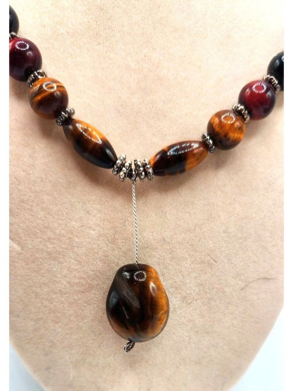 Tiger Eye & Multi-Stone Beaded Necklace With Drop Pendant
